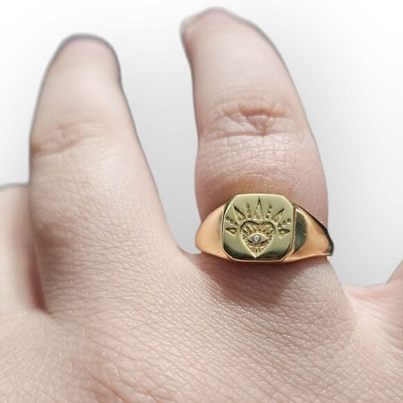 Open Heart Signet 18k Gold Plated Sterling Silver 925 Resizable Ring (Size 4-11) - Picture 7 of 15